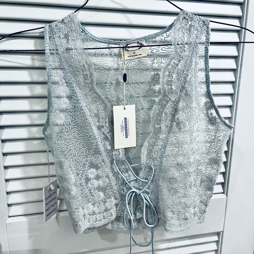 NWT Joyfolie Naylah Light Blue Lace Crochet Tie-Front Camisole